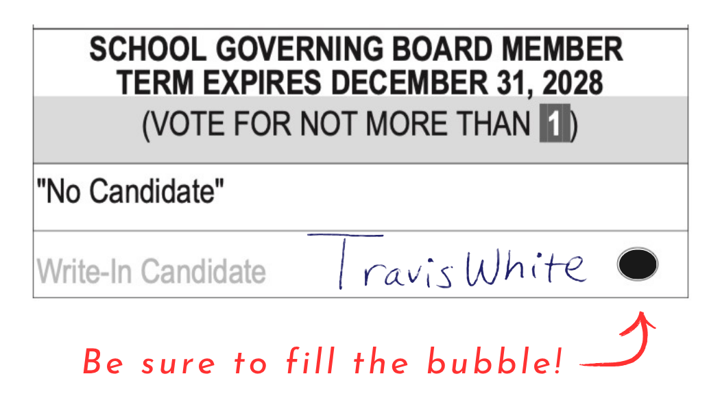 Sample Ballot showing how to write in Travis White for Higley Unified School District